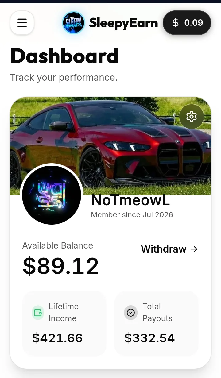 Sleepylinks dashboard preview showing $89.12 available balance